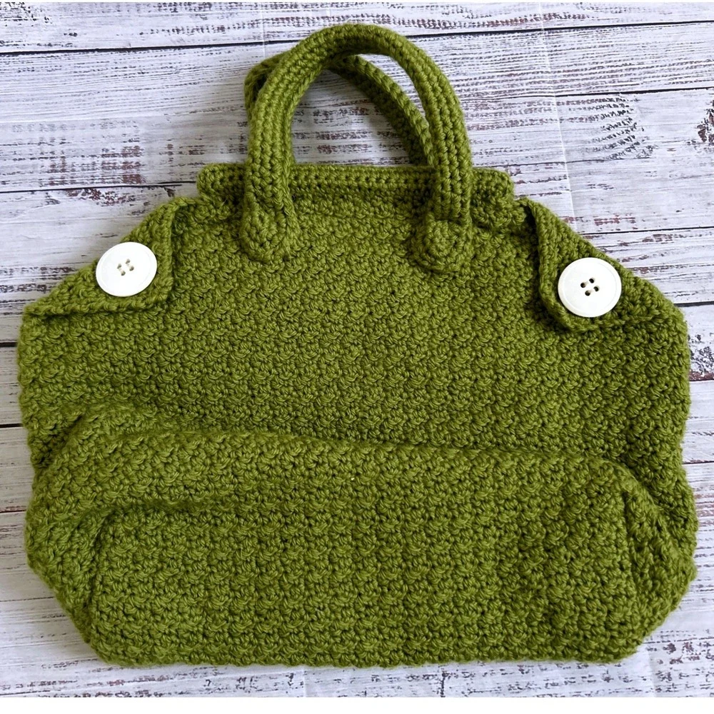 Crochet Tote Bag Handmade Green Floral Lining Boho Cottage Button Accents Large